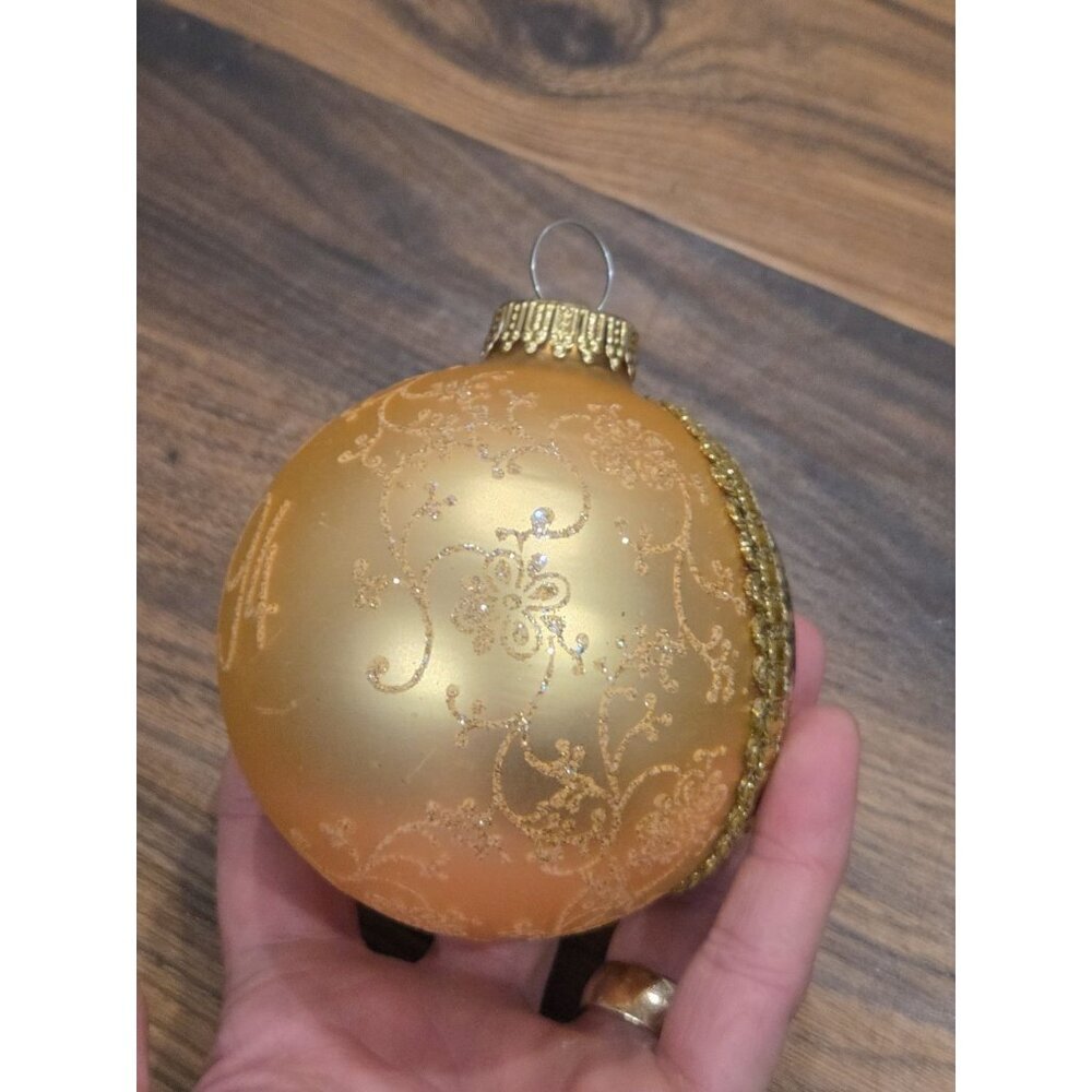 Vtg Germany Glass Christmas Ornament Santa Children Gold Ball 4” Hand Decorated - Picture 3 of 8
